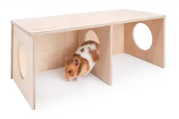 Niteangel multi-chamber hide Niteangel wooden hamster hide with two chambers and a Syrian hamster climbing through the center