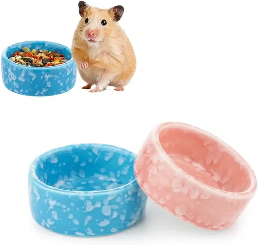 Cute pink and blue ceramic food bowls for hamsters, mice, and gerbils
